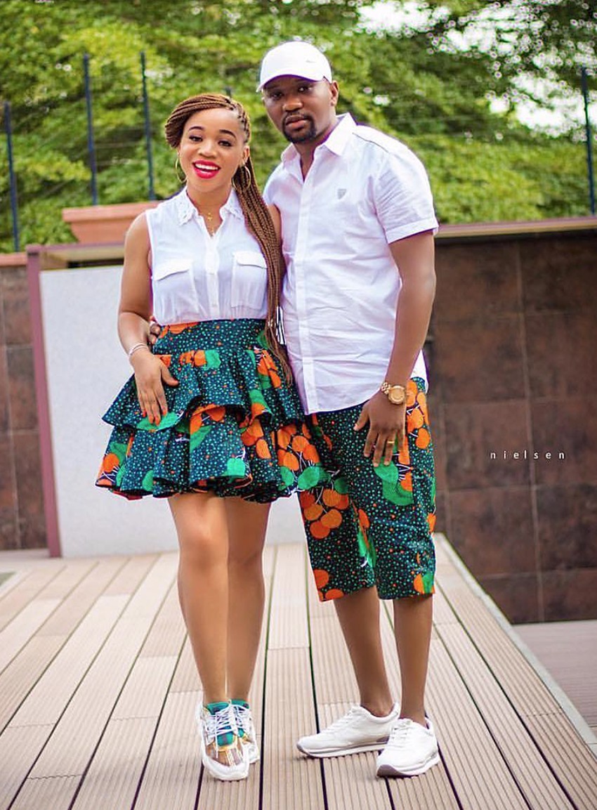 Matching ankara shorts for couples: Couple costume,  Hairstyle Ideas,  Kitenge Couple Outfits  