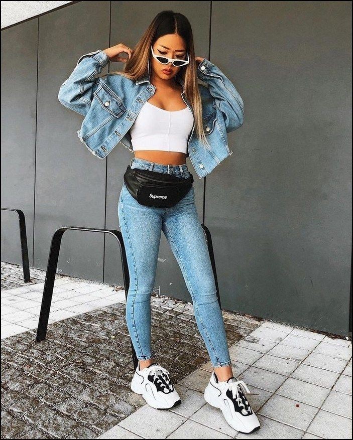 denim jacket and crop top outfit
