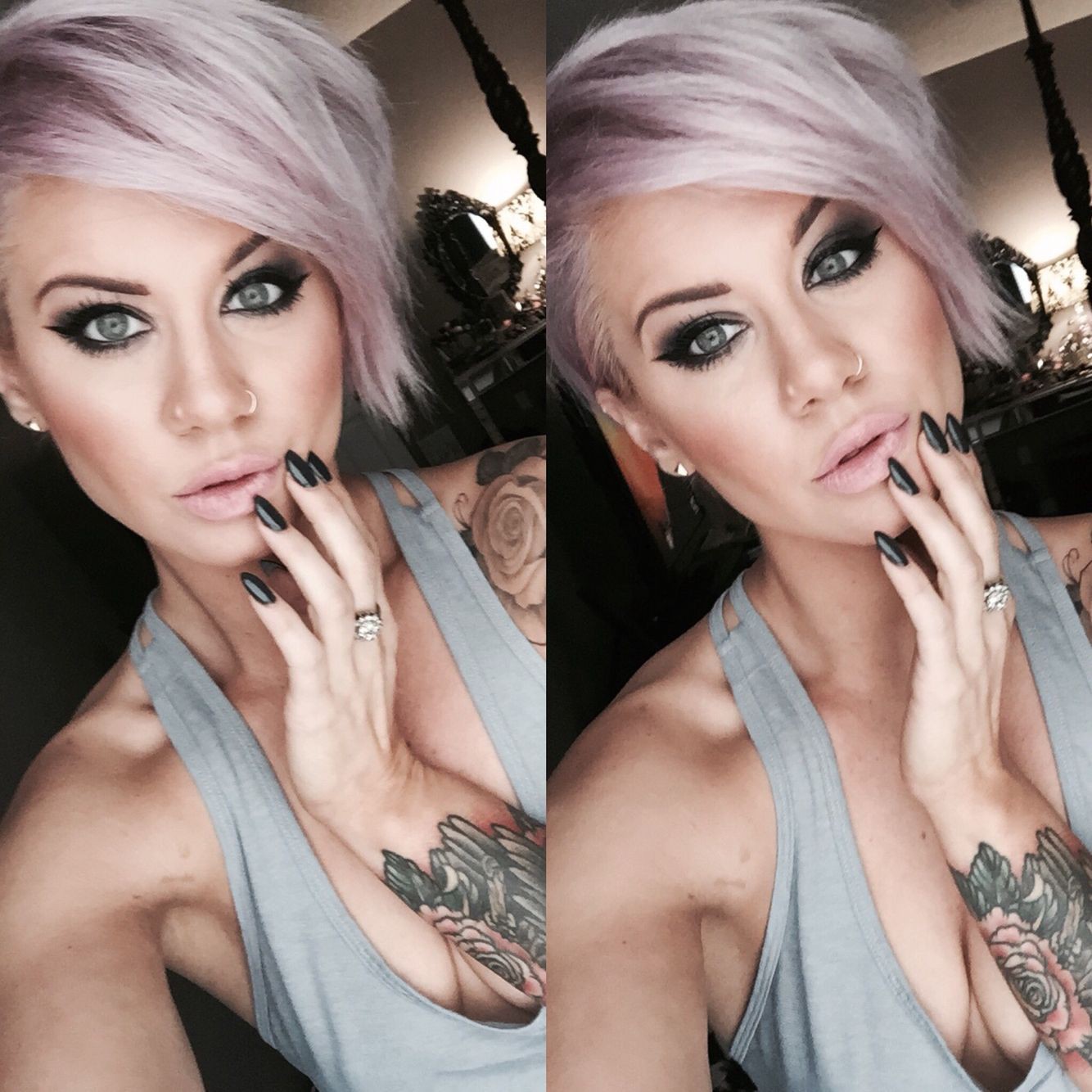 Smokey pink pixie hair, Pixie cut: Bob cut,  Short hair,  Pixie cut,  Nail art,  facial makeup  