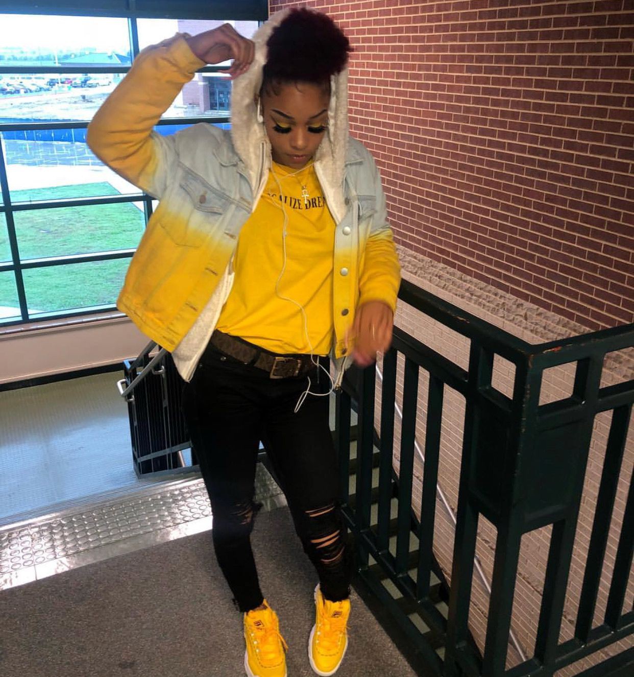 Classroom to Playground, She’s Glowing in Her Yellow and Denim School Getup!: Ripped Jeans,  Slim-Fit Pants,  Black Swag Outfits  