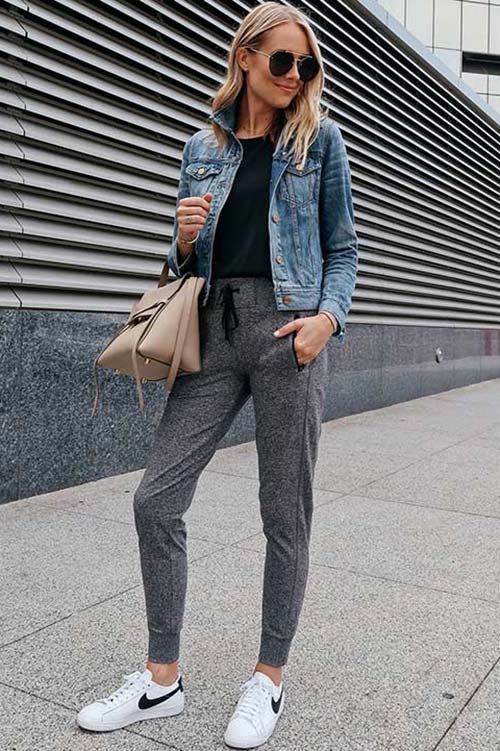 Sweatpants and jean jacket: Crop top,  Jean jacket,  Slim-Fit Pants,  Jogger Outfits  