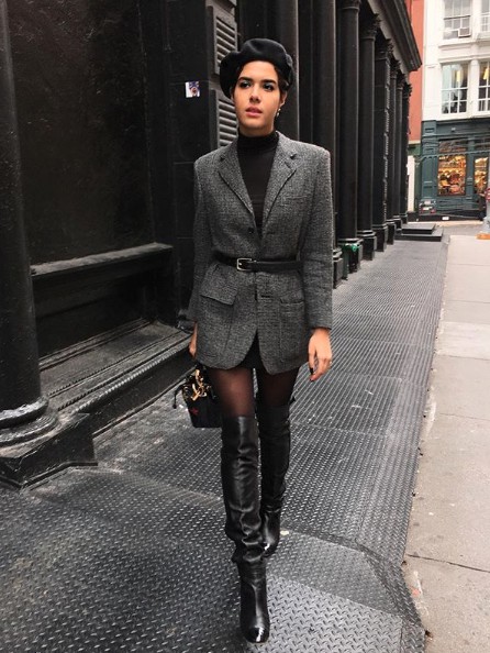 Over the knee leather boots outfit: Boot Outfits,  Over-The-Knee Boot,  Blazer Outfit,  Street Style  