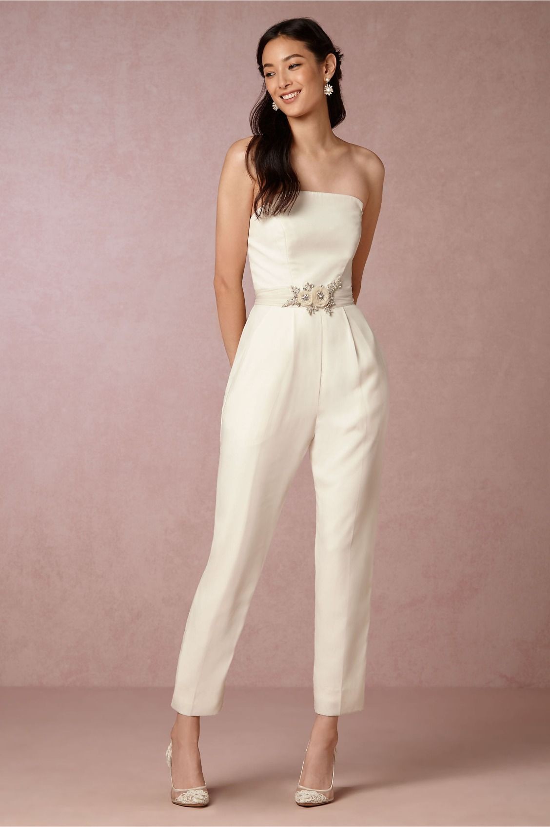 Party wear tips for bhldn white jumpsuit, Jill Jill Stuart: Strapless dress,  Jumpsuit Outfit  