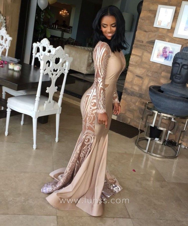 Beige long sleeve prom dresses