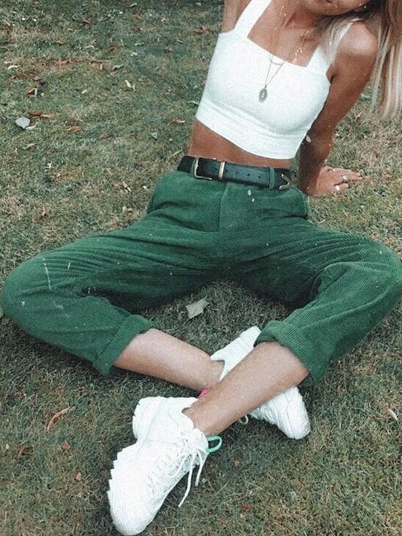 High waisted green corduroy pants: Pencil skirt,  Casual Outfits,  Green Pant Outfits  