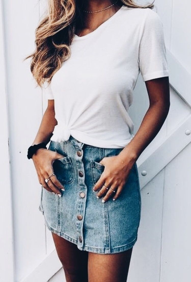 White shirt and denim skirt outfit: Denim skirt,  Crop top,  Casual Outfits,  Travel Outfits  