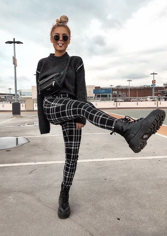 Bold and beautiful american style outfit, Street fashion: Combat boot,  Grunge fashion,  Street Style,  Casual Outfits,  Plaid Pants  