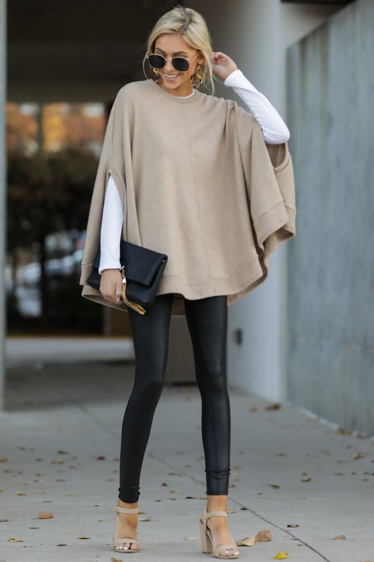 Innovative ideas for beige poncho outfit, Red Dress Boutique | Leather  Legging Outfit | Casual wear, Legging Outfits, Winter clothing