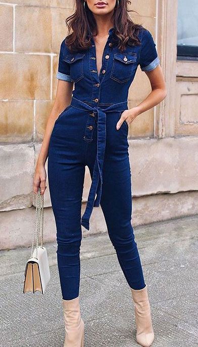 Holiday Outfit Ideas For Women, Short Sleeve Jumpsuit, Jumpsuits & Rompers: shirts,  Jumpsuits Rompers,  holiday outfit,  Denim Jumpsuit  