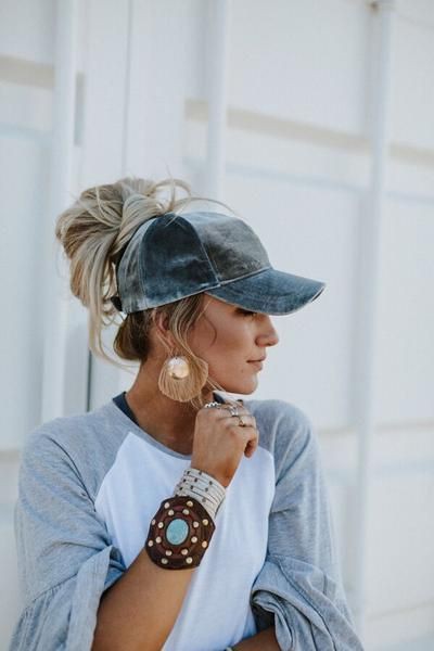 Messy bun with baseball cap: Baseball cap,  Trucker hat,  Bun Hairstyle  