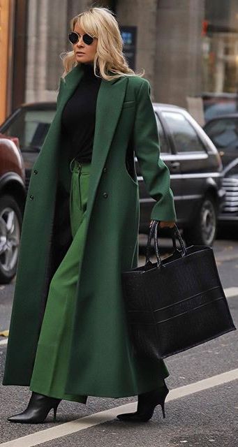 Get this look fashion model, Street fashion: winter outfits,  Lapel pin,  Fashion week,  Street Style,  Green Pant Outfits  
