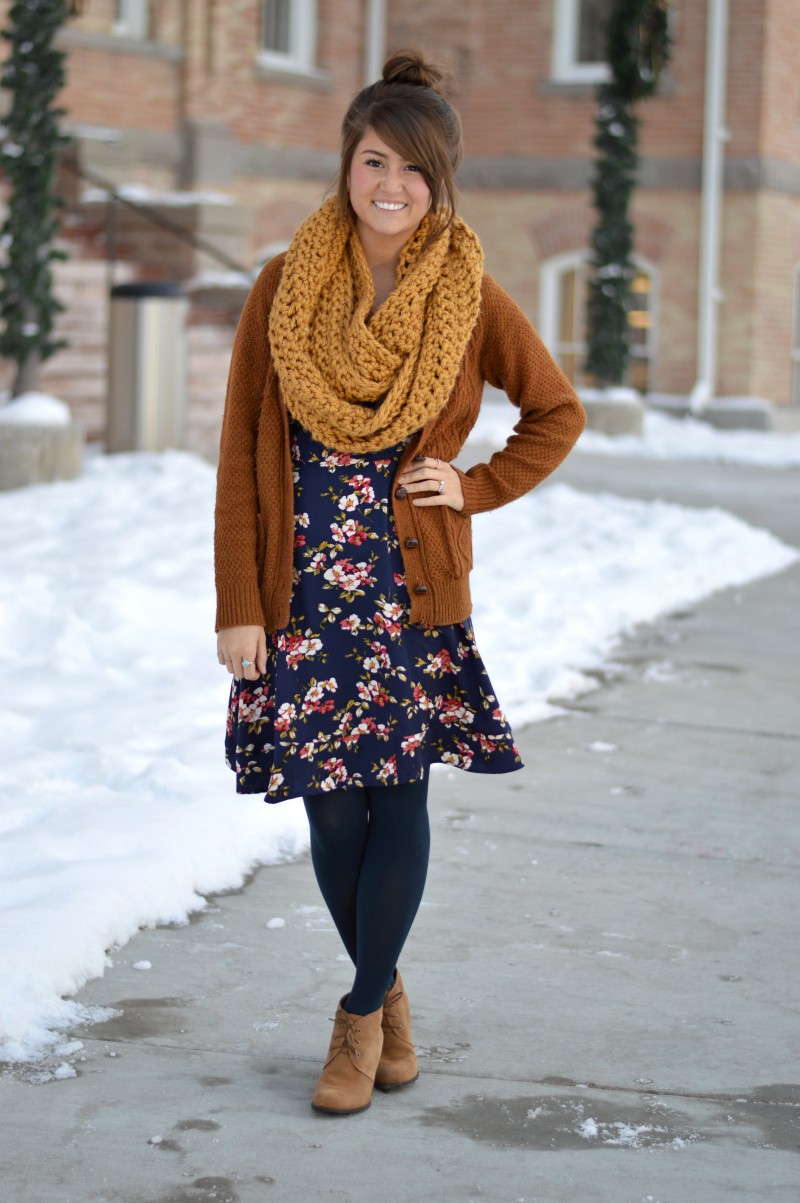 Floral dress black tights brown boots: winter outfits,  Boot Outfits,  Church Outfit,  Floral Midi,  Short Boots  
