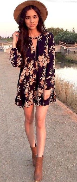 Floral rompers with ankle boots: Romper suit,  Boot Outfits,  Floral design,  Youthful outfits,  Floral Outfits  