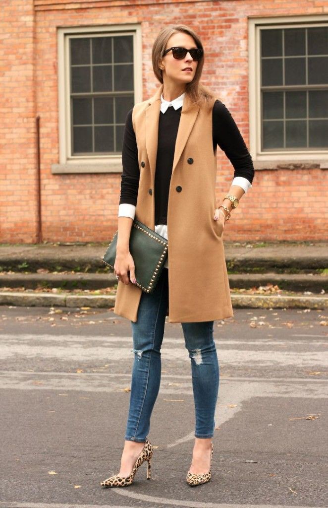 Long sleeveless blazer outfits, Sleeveless shirt: Sleeveless shirt,  Slim-Fit Pants,  shirts,  Trench coat,  Brown Outfit  