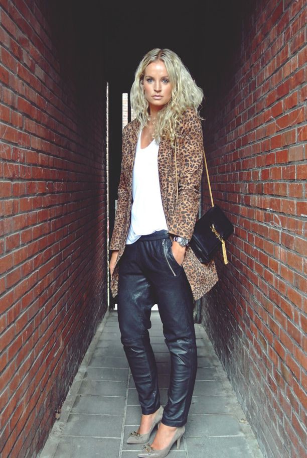 Simple Leopard print coat outfit: Slim-Fit Pants,  Casual Outfits,  Jacket Outfits  