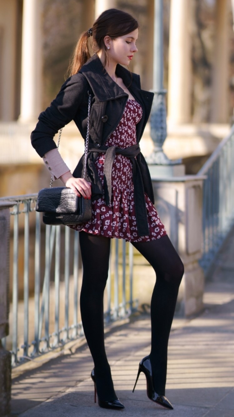 Burgundy dress with black tights: party outfits,  High-Heeled Shoe,  Tights outfit  