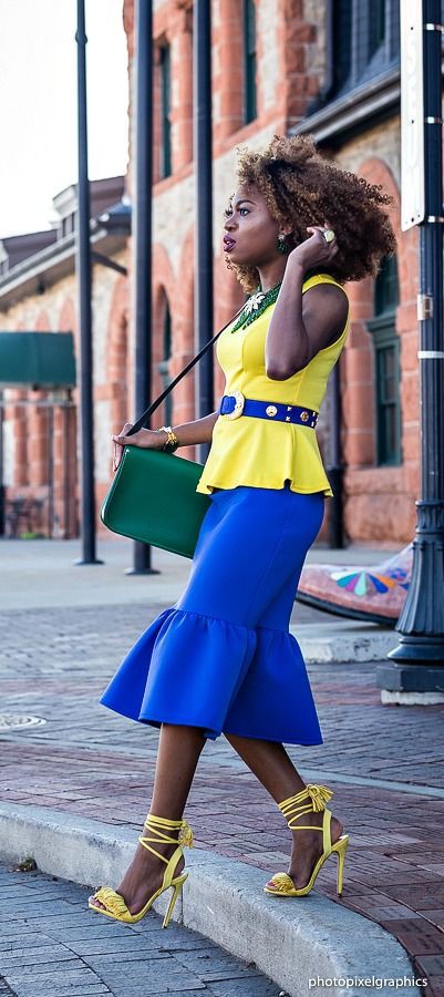 Blue and yellow peplum skirt: Royal blue,  Yellow Shoes  