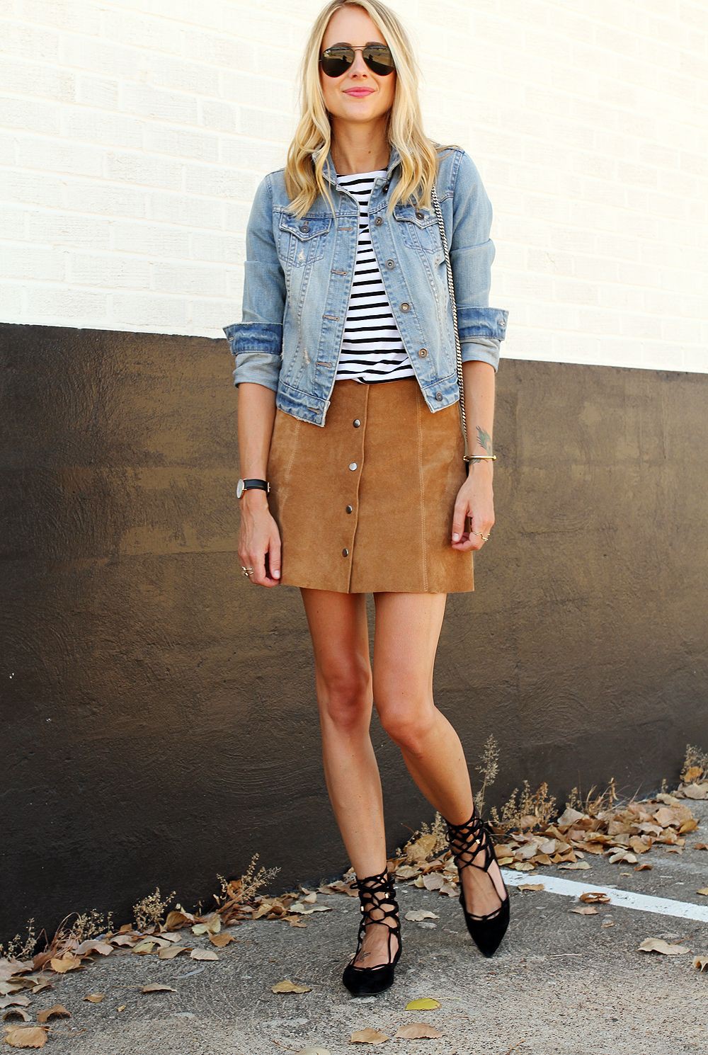 Button down suede skirt, Dress shirt: Jean jacket,  shirts,  Jacket Outfits  