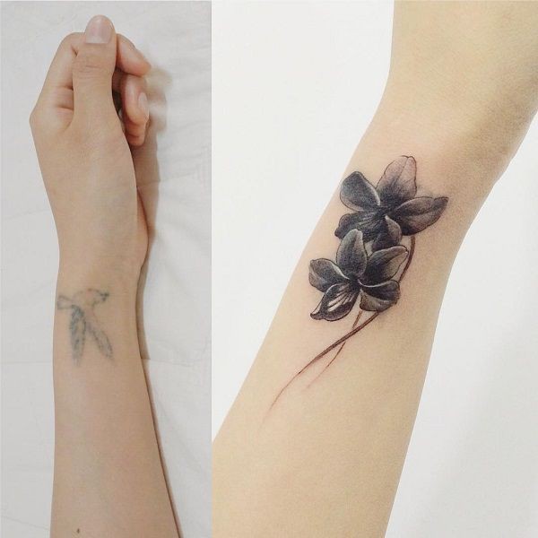 Cover up  tattooed tattoo linework blacktattoo blackwork blackwork   Wrist tattoo cover up Wrist tattoos for women Flower wrist tattoos