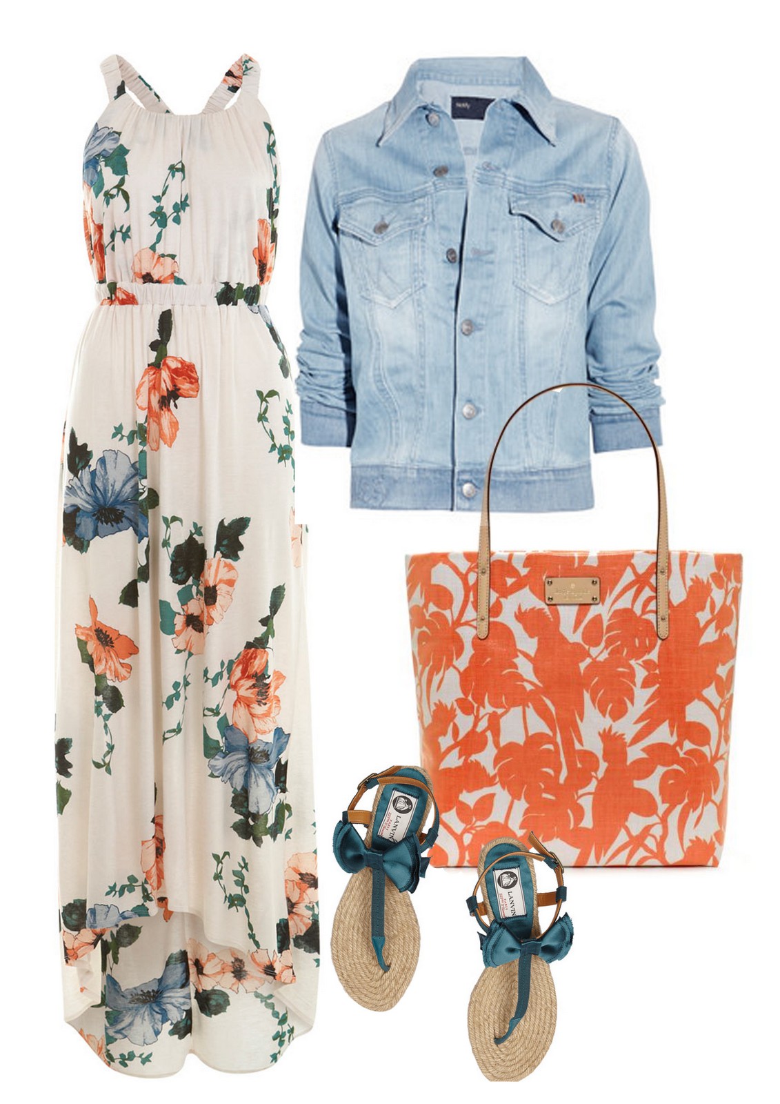Denim jacket with white floral maxi ...