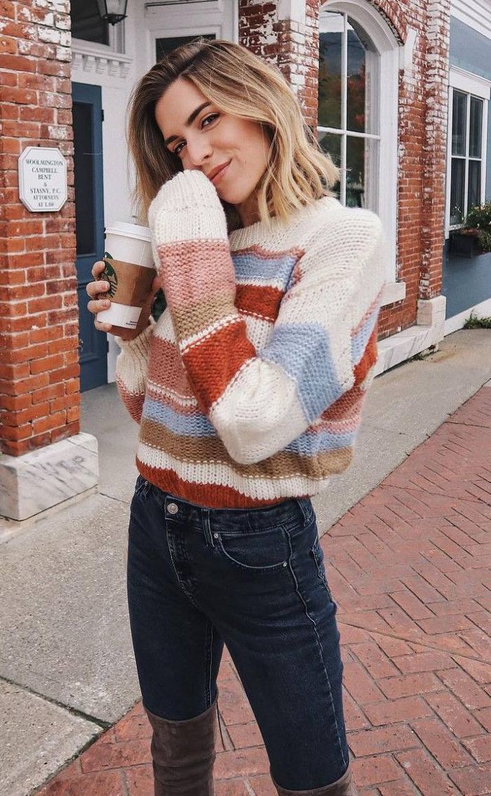 Outfit Ideas With Sweaters, Crew neck, Casual wear: winter outfits,  Crew neck,  Gap Colorblock,  Casual Outfits,  Sweaters Outfit,  Stripe Sweater,  sweater  