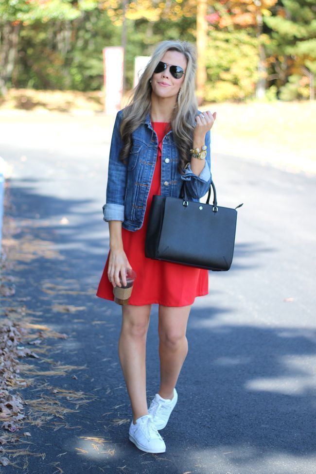 Short red dress with denim jacket: Jean jacket,  Denim jacket,  Casual Outfits  