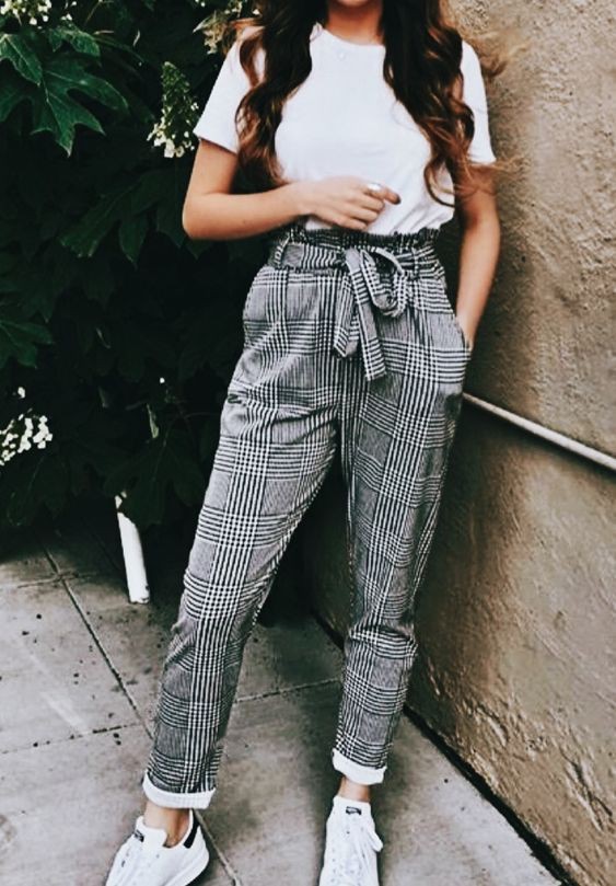 White top with plaid pants: Casual Outfits,  Street Outfit Ideas,  Checked Trousers  