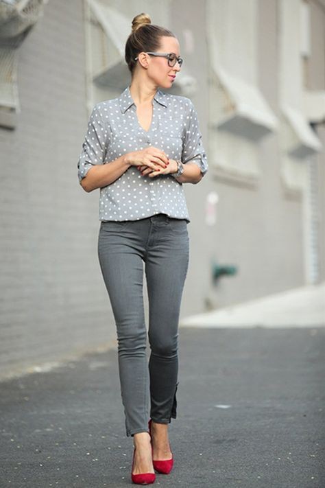 Grey pants red shoes, Business casual | With Red Shoes | casual, Polka dot, Red Shoes Outfits