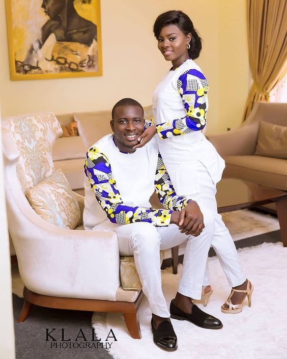Plain and pattern styles for couples: Aso ebi,  Kente cloth,  Kitenge Couple Outfits  