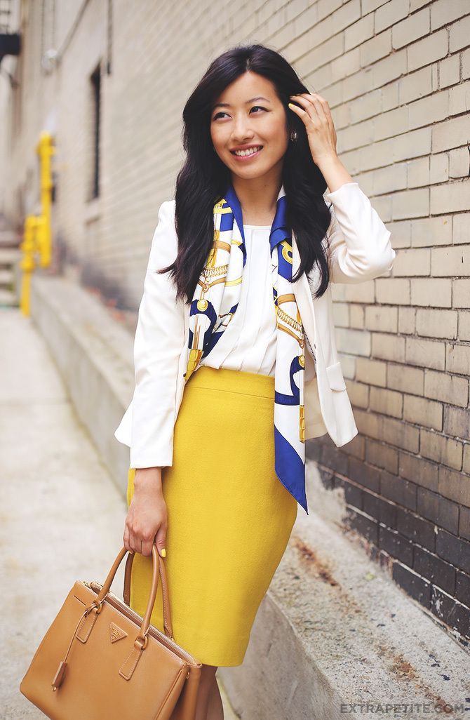 Top 20 great ideas to try scarf work outfit, HermÃ¨s scarf: Informal wear,  Fashion accessory,  Yellow Shoes  