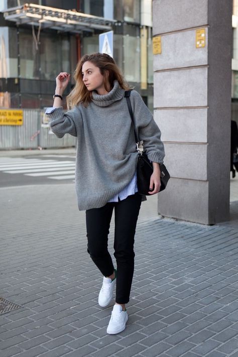 Oversized turtleneck grey sweater - Office casual wear, Polo neck ...