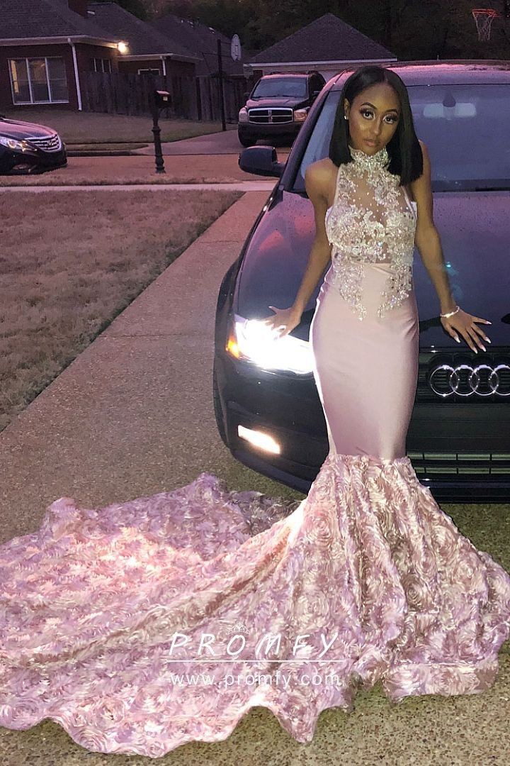 High neck long pink dress | Black Girls Prom Outfits | Ball gown ...