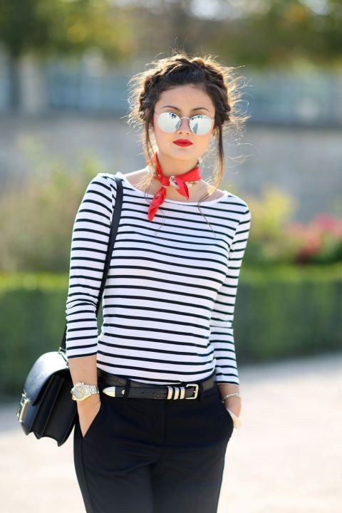 Find more of french outfit, French language: Red scarf,  Street Style,  Bandana Outfit Girls  