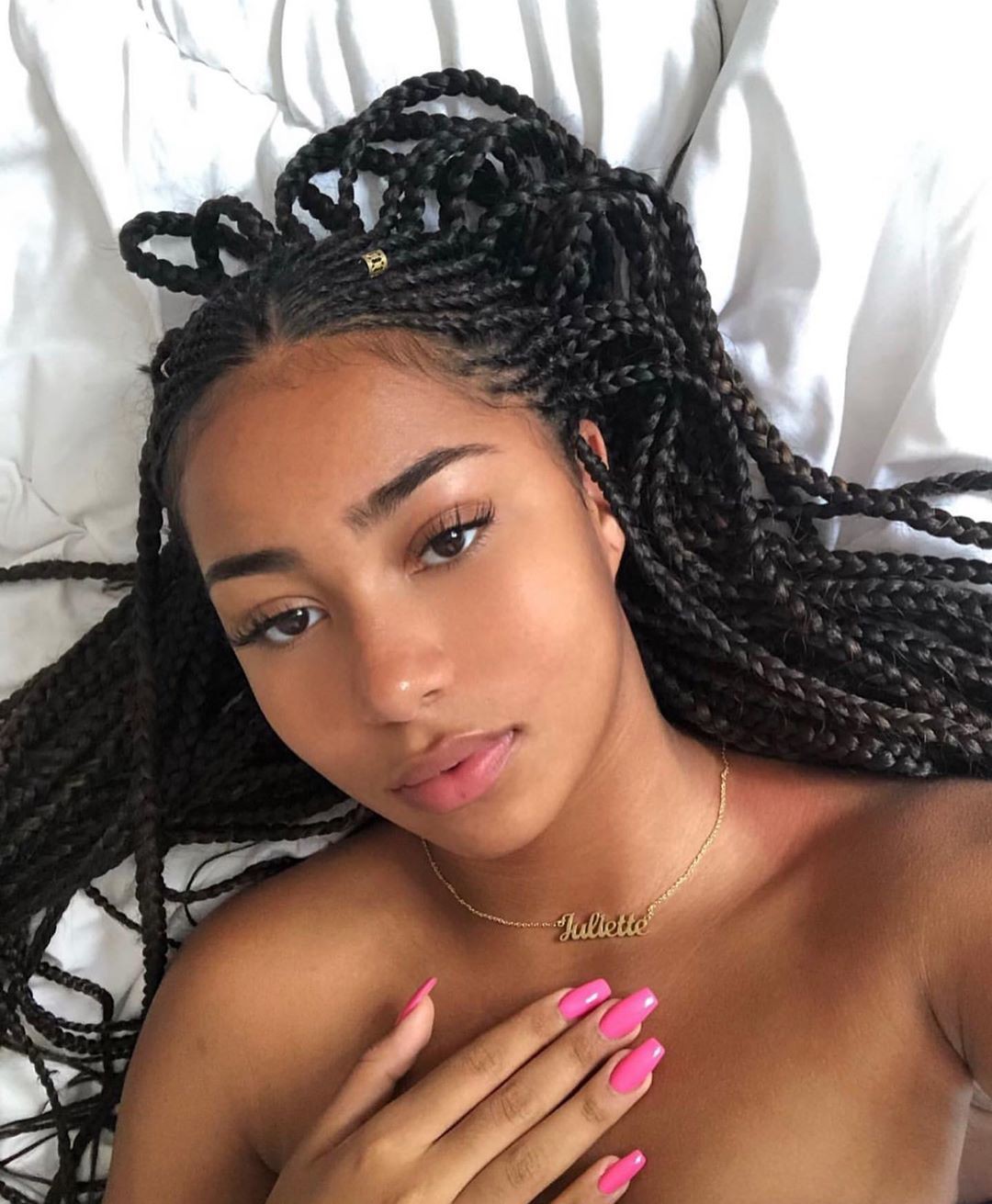 Beautiful Black Lady, Black hair, facial makeup: Box braids,  Black Women,  French braid,  Make-Up Artist,  Lip gloss,  facial makeup,  Black hair  