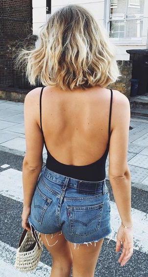 Backless bodysuit and denim shorts: Backless dress,  Casual Outfits,  Travel Outfits  