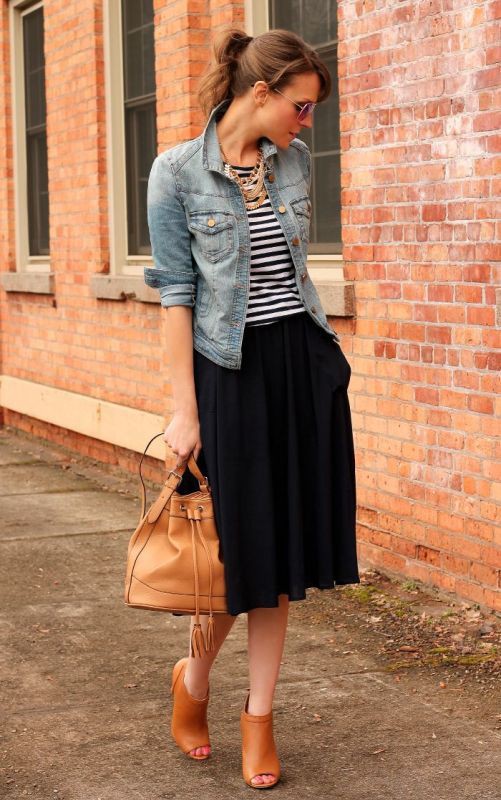 Denim jacket and skirt outfit: Jean jacket,  Pencil skirt,  Denim jacket,  Casual Outfits,  Denim Jacket with Crop Top  