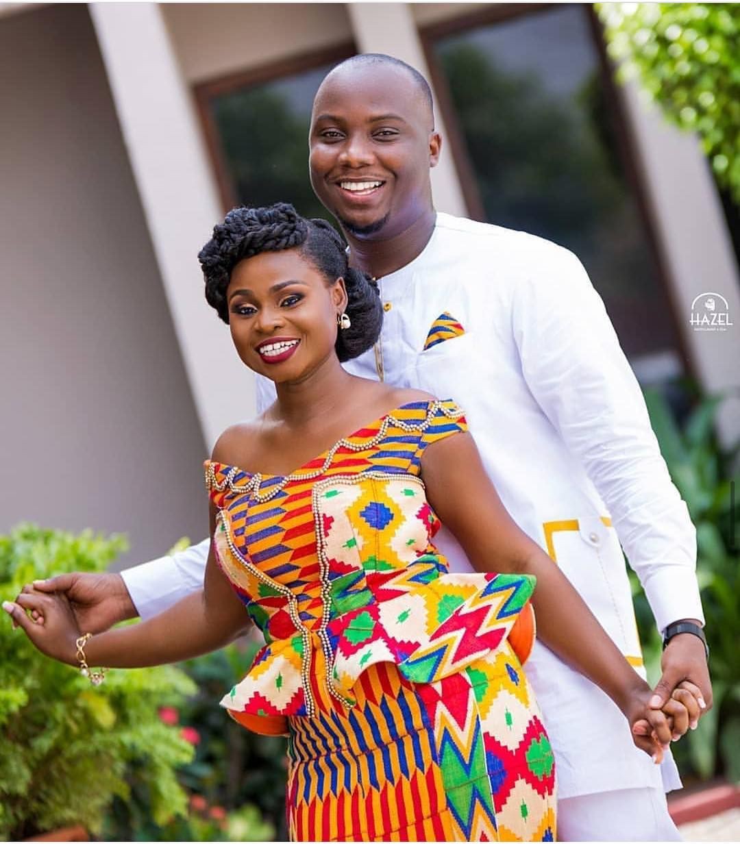 Check these adorable ghana wedding dress, African wax prints: Wedding dress,  Maxi dress,  Kente cloth,  Kitenge Couple Outfits  