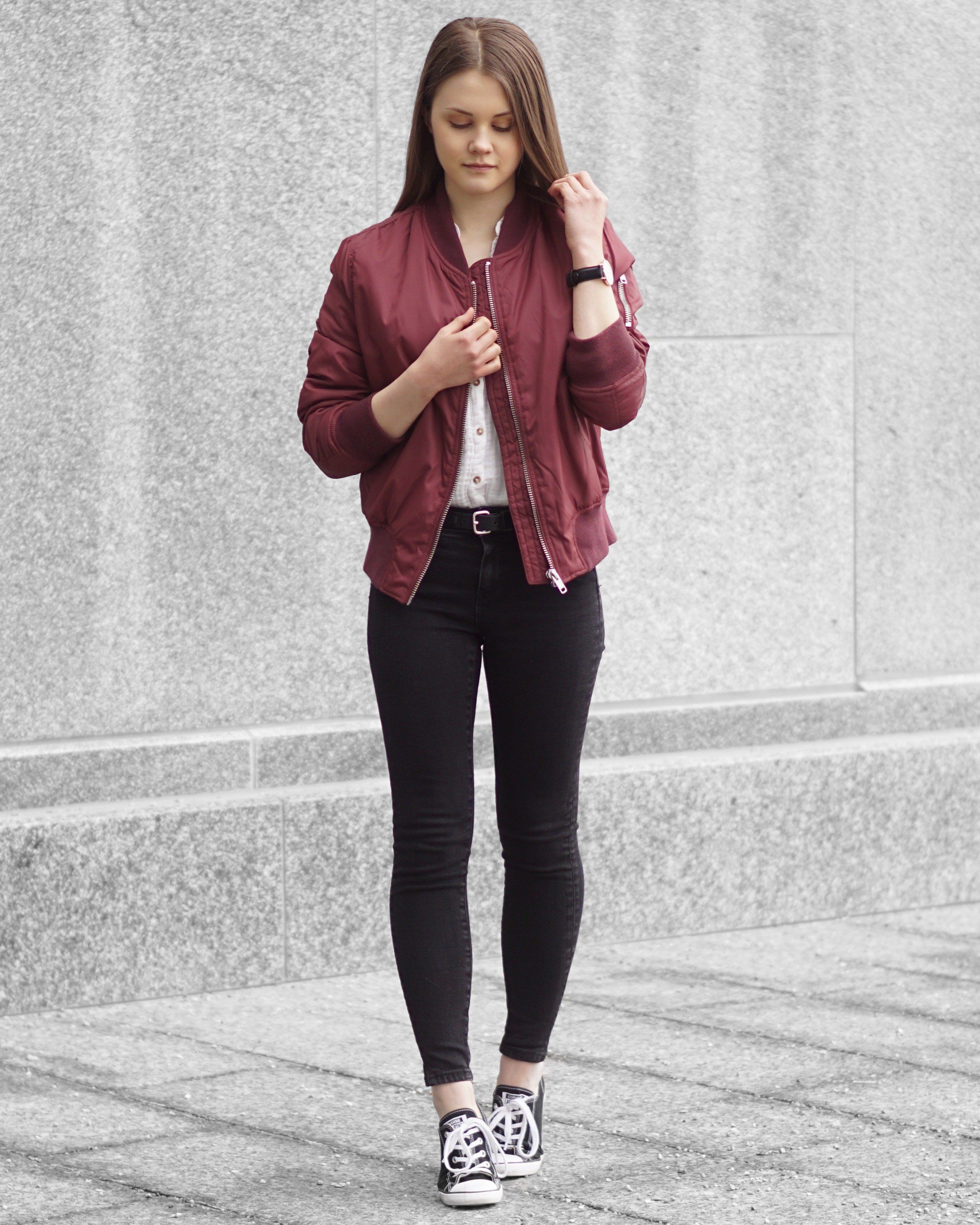 Outfits with burgundy bomber jacket: Flight jacket,  Jacket Outfits,  bomber jacket  