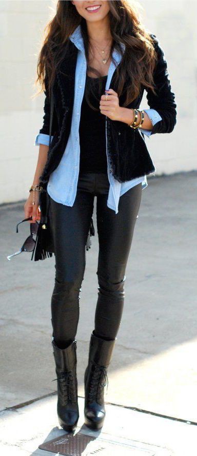 Leather pants with blue blazer: Leather jacket,  shirts,  Legging Outfits  