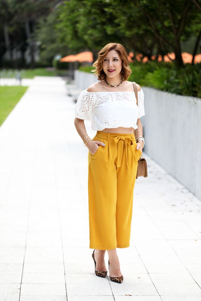 Stylish and classic yellow culottes outfit, Crop top: Crop Pants Outfit  