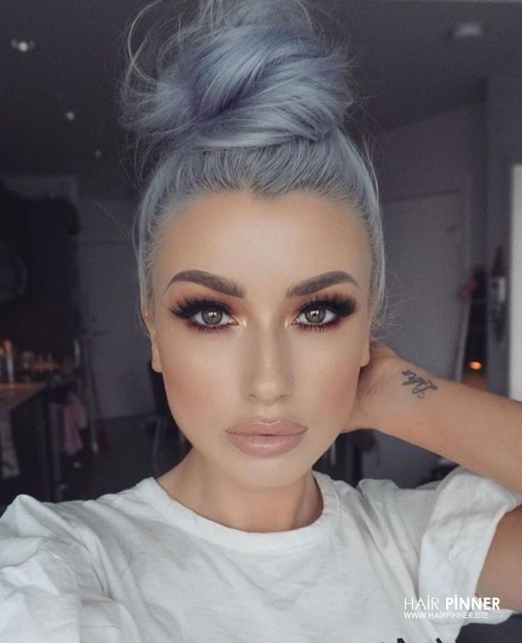 Silver hair with green eyes: Hair Color Ideas,  Hairstyle Ideas,  Bun Hairstyle,  green hair  