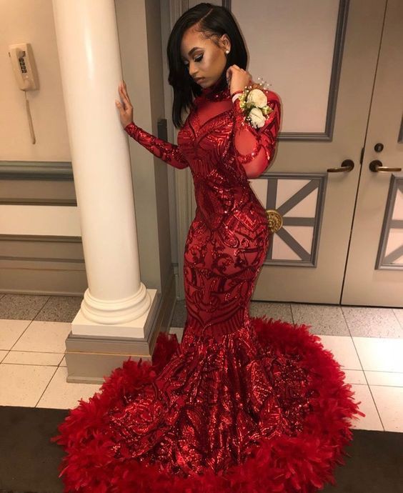 Long sleeve red mermaid prom dresses ...