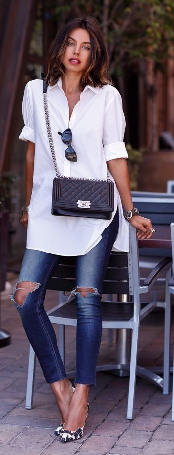 White tunic shirt outfits, Casual wear: blue jeans outfit,  shirts,  Camisa blanca,  Casual Outfits  