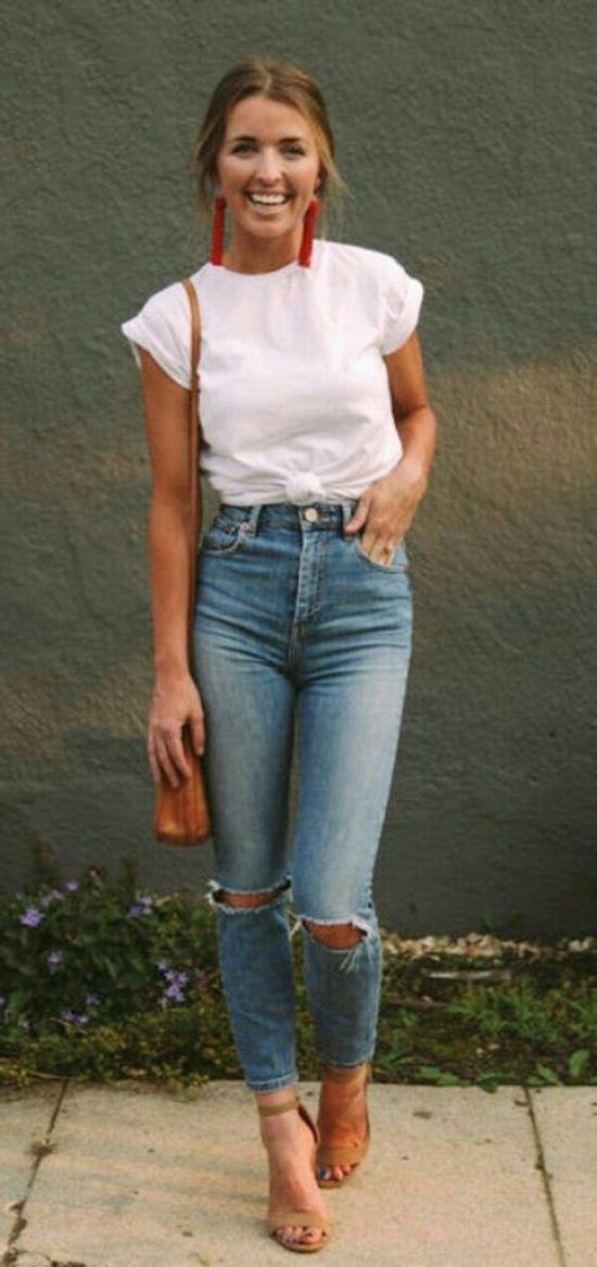 White t shirt outfits for women: Ripped Jeans,  Slim-Fit Pants,  Spring Outfits,  Casual Outfits  