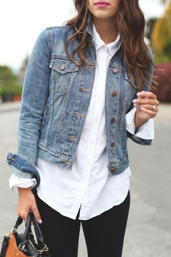 Blouse and denim jacket, Jean jacket: Jean jacket,  shirts,  Casual Outfits,  Jacket Outfits  