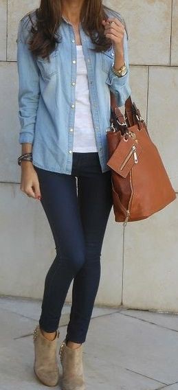 Light blue denim shirt outfit women: Slim-Fit Pants,  shirts,  Casual Outfits,  Jacket Outfits,  Denim Shirt  