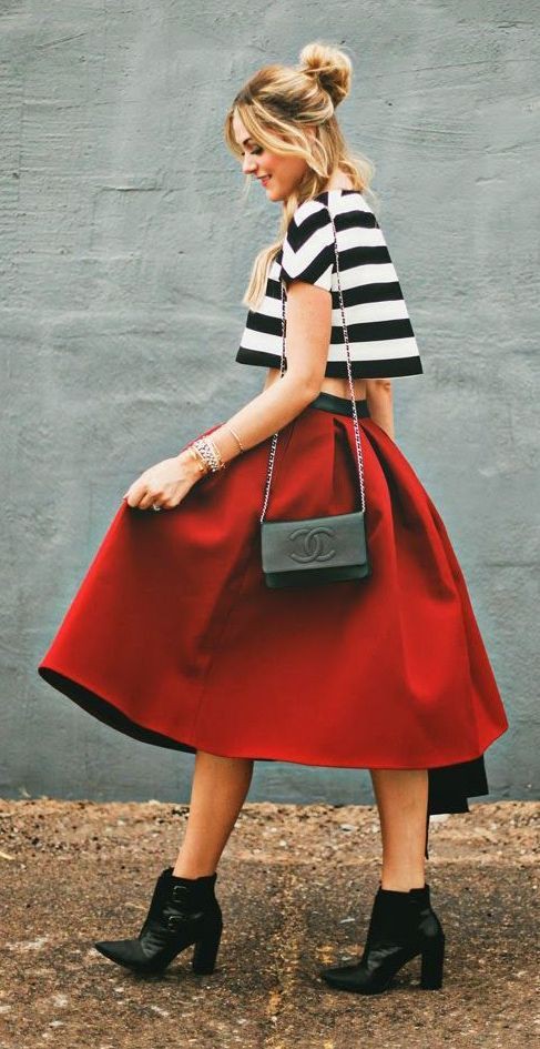 Gonna a ruota midi, Crop top: Pencil skirt,  Skirt Outfits,  Midi Skirt  