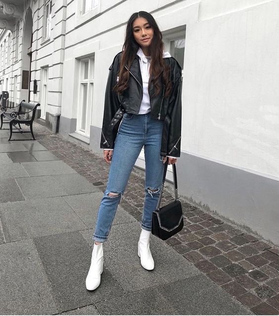 Perfect style for white boots outfit, Leather jacket | Hollister Jeans ...