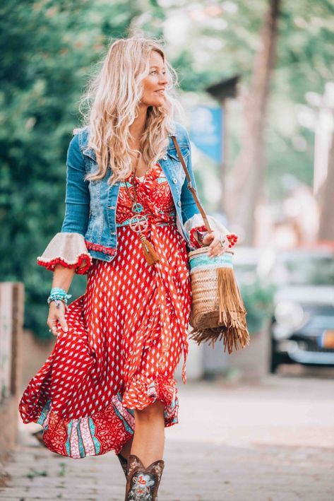 Boho dress with jeans jacket: Wedding dress,  Jean jacket,  Bohemian style,  Boho Outfit  