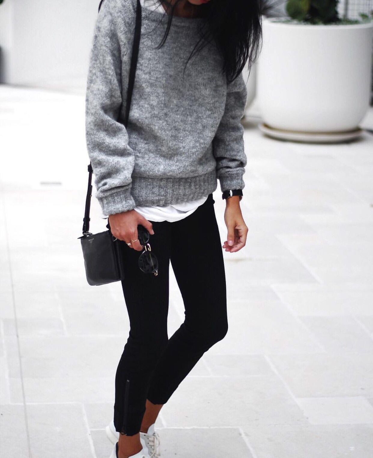 Grey knitted jumper with black jeans: Slim-Fit Pants,  College Outfit Ideas,  Street Style,  Casual Outfits  